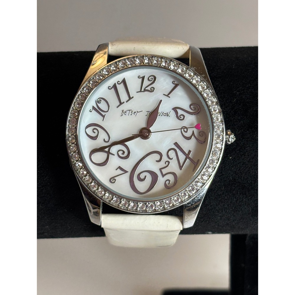 2000s Silver Tone Y2K Rhinestone Betsey Johnson Watch Mother of Pearl Dial